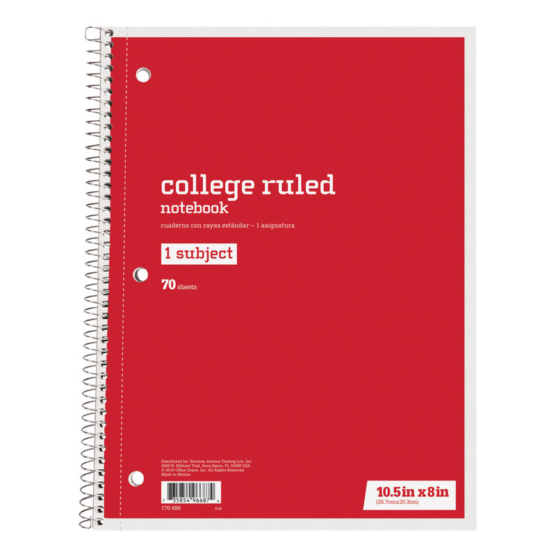 Just Basics Spiral Notebook, 8in x 10-1/2in, College Ruled, 70 Sheets, Red (Min Order Qty 65) MPN:43274-12
