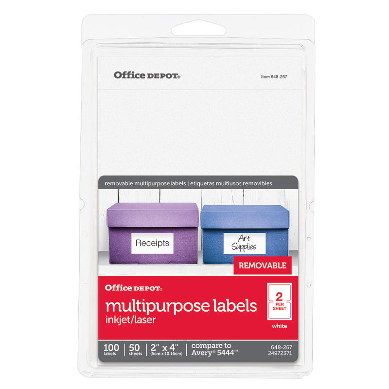 Office Depot Brand Removable Inkjet/Laser Labels, OD98813, Rectangle, 4in x 2in, White, Pack Of 100 (Min Order Qty 13) MPN:OD98813
