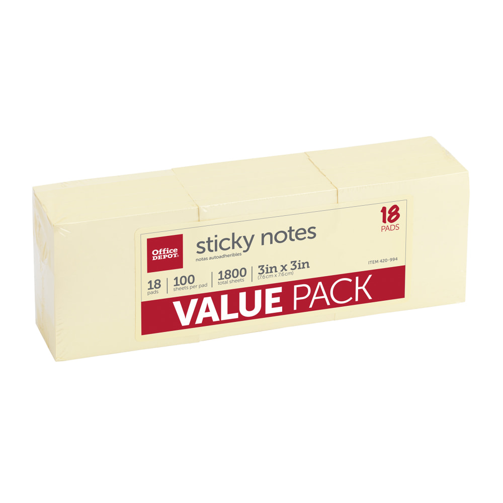 Office Depot Brand Sticky Notes Value Pack, 3in x 3in, Yellow, 100 Sheets Per Pad, Pack Of 18 Pads (Min Order Qty 16) MPN:21007-18PK