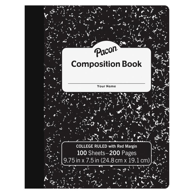 Pacon Composition Book, 9-13/16in x 7-1/2in, College Rule, 100 Sheets, Black Marble (Min Order Qty 11) MPN:MMK37106