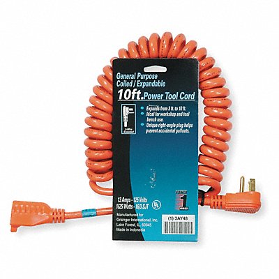 Coiled Ext Cord 10ft 16Ga 13A SJT Orange MPN:3AY48
