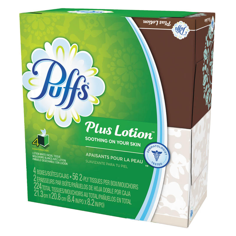 Puffs Plus Lotion 2-Ply Facial Tissues, White, 56 Sheets Per Box, Pack of 4 Boxes (Min Order Qty 8) MPN:34899