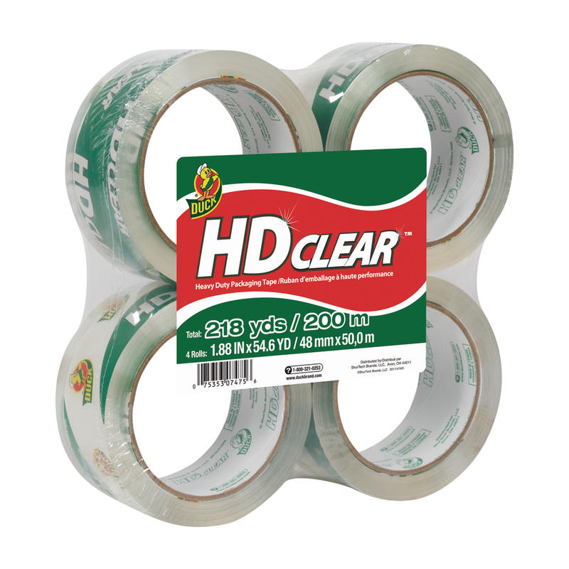 Duck HD Clear Heavy-Duty Packaging Tape, 1.88in x 54.6 Yd., Clear, Pack Of 4 Rolls (Min Order Qty 4) MPN:240378