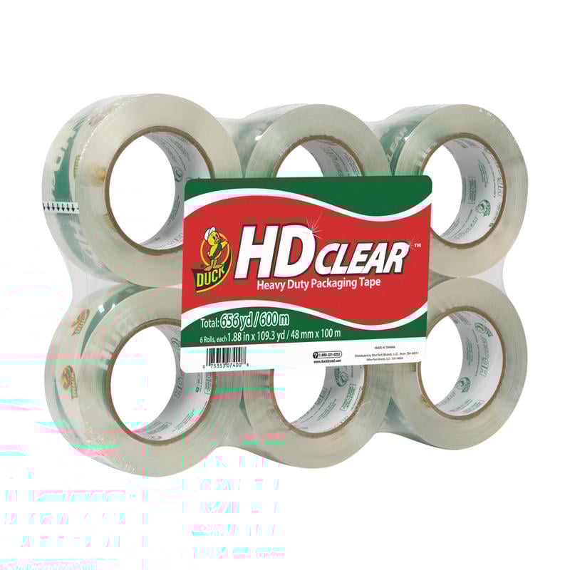 Duck HD Clear Heavy-Duty Packaging Tape, 1-7/8in x 109.4 Yd., Crystal Clear, Pack Of 6 Rolls (Min Order Qty 3) MPN:299016