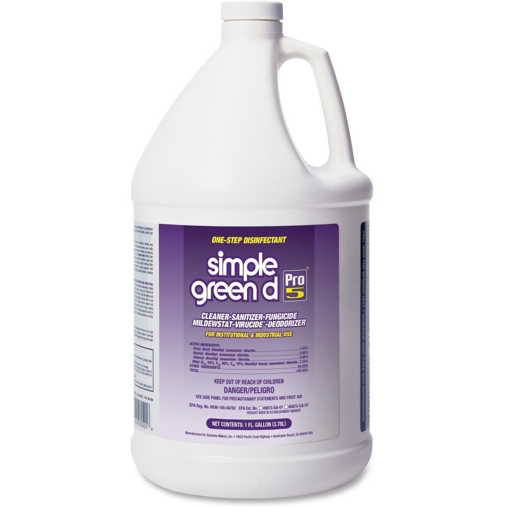 Simple Green D Pro 5 One-Step Disinfectant - Concentrate - 128 fl oz (4 quart) - 4 / Carton - Disinfectant, Unscented, Dye-free - Clear MPN:30501CT