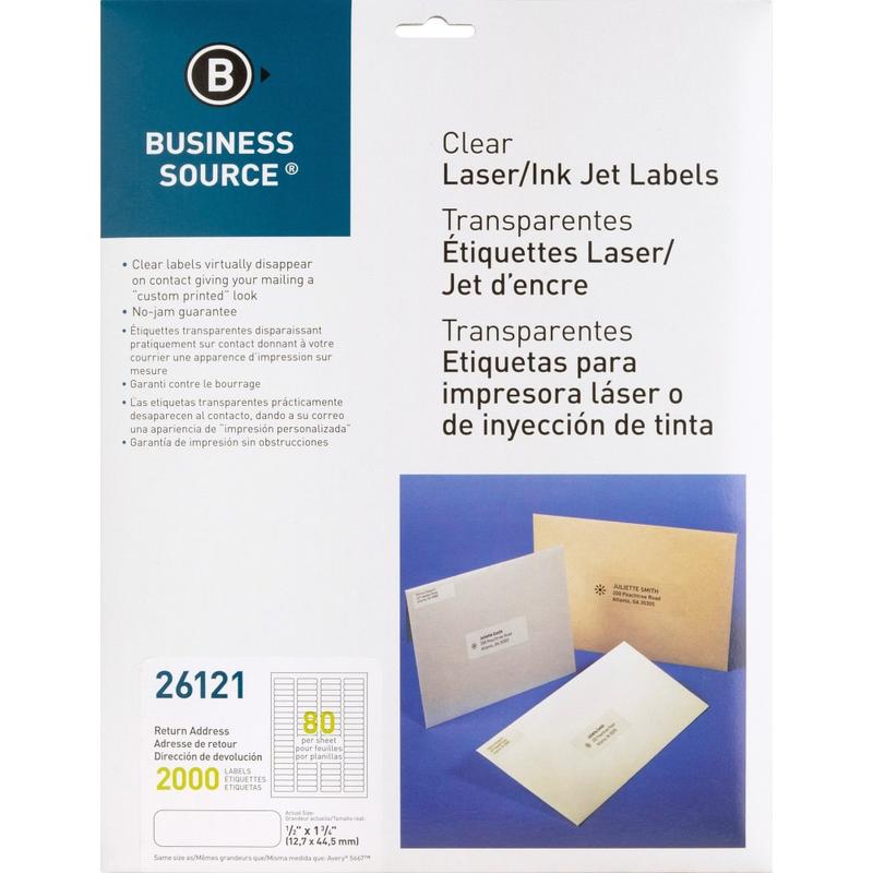 Business Source Clear Return Address Laser Labels - 1/2in Height x 1 3/4in Width - Permanent Adhesive - Rectangle - Laser - Clear - 80 / Sheet - 2000 / Pack - Self-adhesive (Min Order Qty 3) MPN:26121