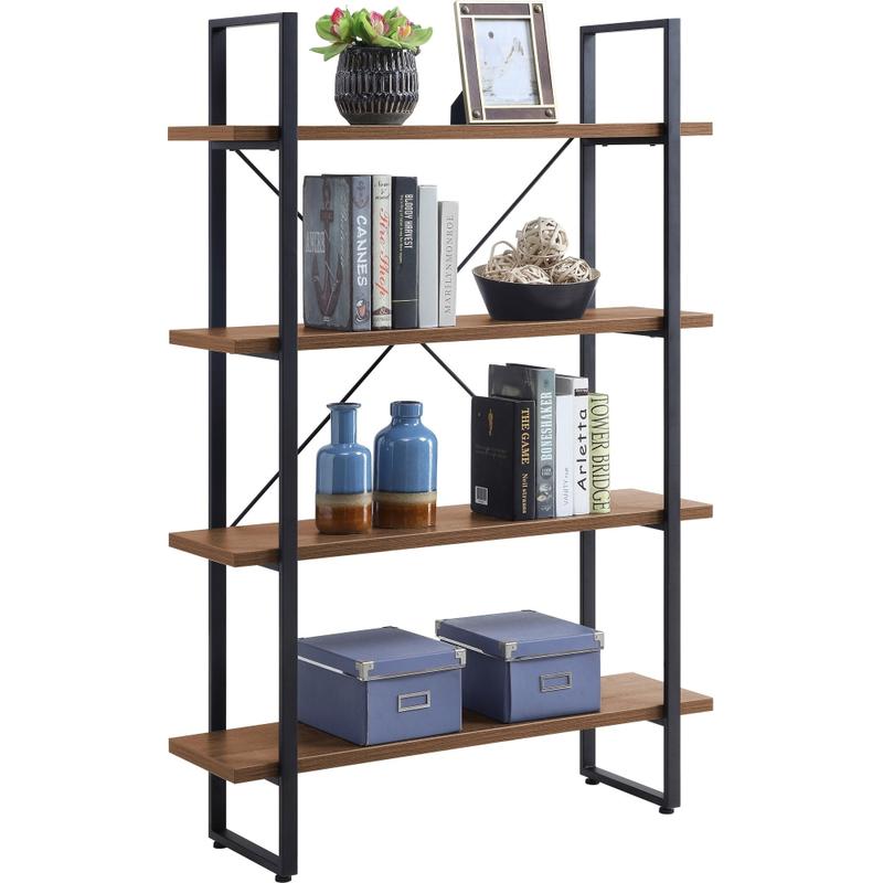 Lorell SOHO Rustic Metal Frame Bookcase - 39.4in x 11.8in x 57.5in - 4 Shelve(s) - Band Edge - Finish: Walnut - Sturdy, Durable MPN:97619