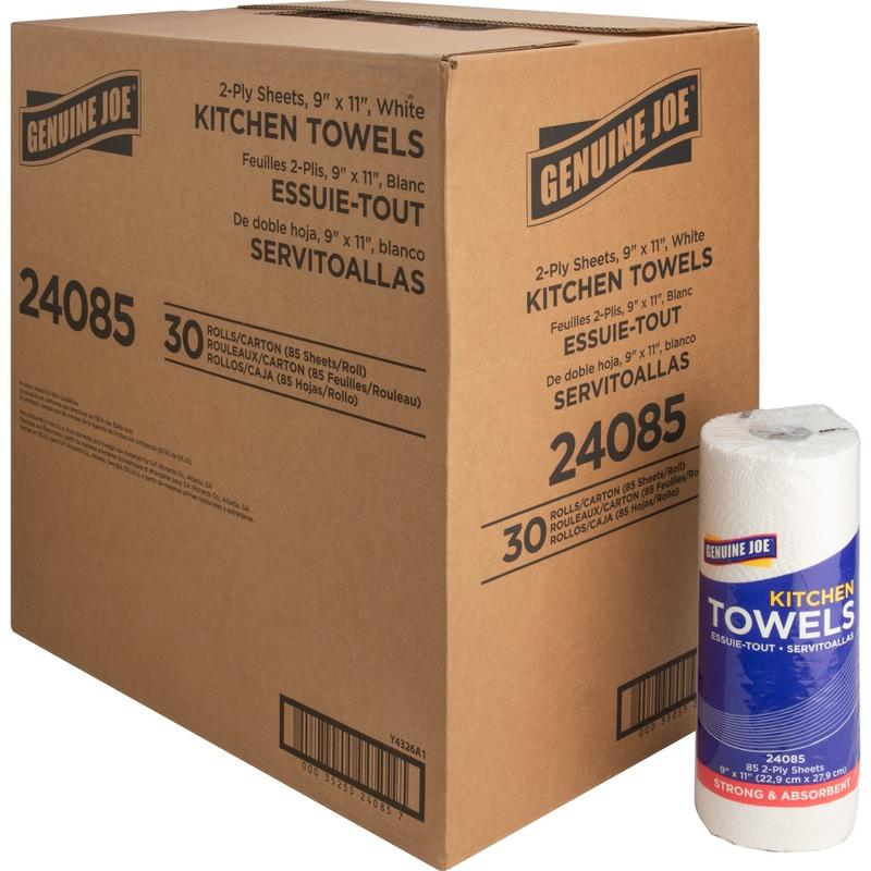 Genuine Joe 2-Ply Kitchen Paper Towels, 100% Recycled, 85 Sheets Per Roll, Pack Of 30 Rolls (Min Order Qty 2) MPN:24085