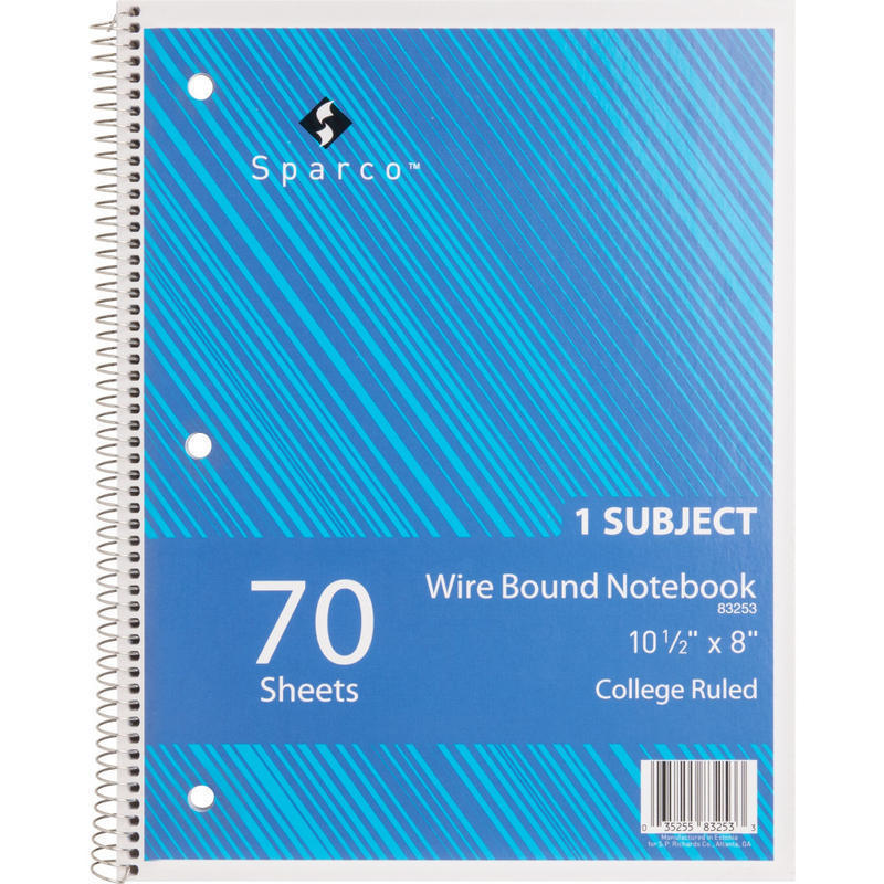 Sparco Wirebound Notebook, 8in x 10-1/2in, College Rule, 70 Sheets, Assorted (Min Order Qty 11) MPN:83253