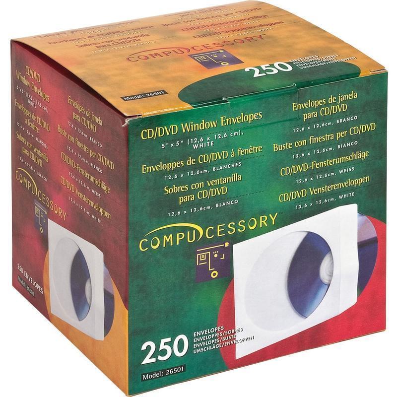 Compucessory CD/DVD White Window Envelopes - CD/DVD - 5in Width x 5in Length - 250 / Box - White (Min Order Qty 6) MPN:26501