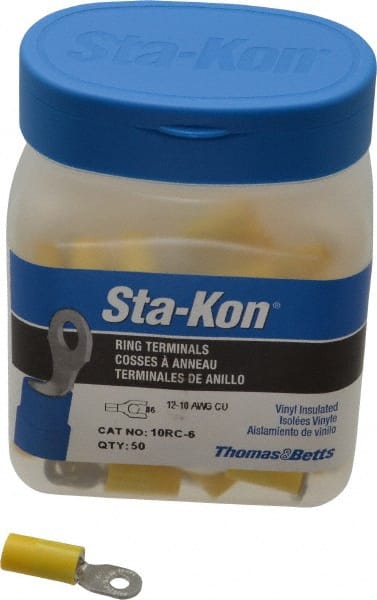 D Shaped Ring Terminal: Partially Insulated, 12 to 10 AWG, Crimp Connection MPN:10RC-6