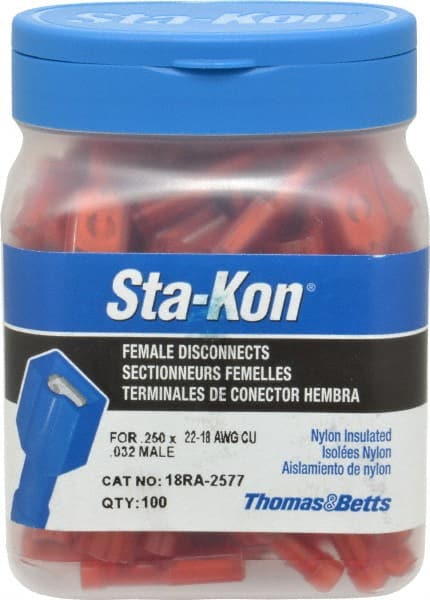 Wire Disconnect: Female, Red, Nylon, 22-18 AWG, 1/4