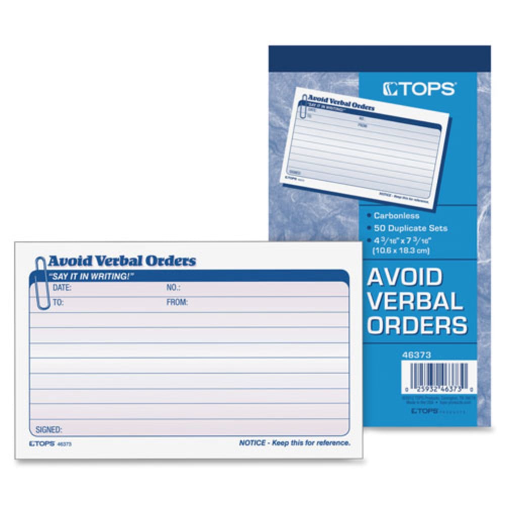 TOPS Avoid Verbal Orders Book - 50 Sheet(s) - 2 PartCarbonless Copy - 4.25in x 7in Form Size - White - 1 Each (Min Order Qty 10) MPN:46373