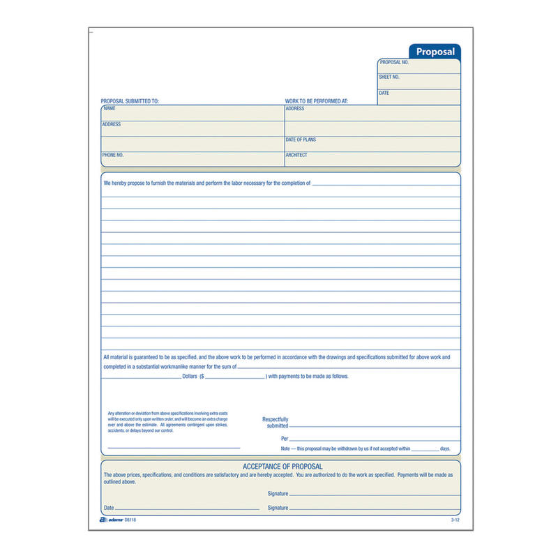 Adams Proposal Book, 8 3/8in x 11in, 1 Part With Carbons, White, 50 Sheets (Min Order Qty 8) MPN:D8118