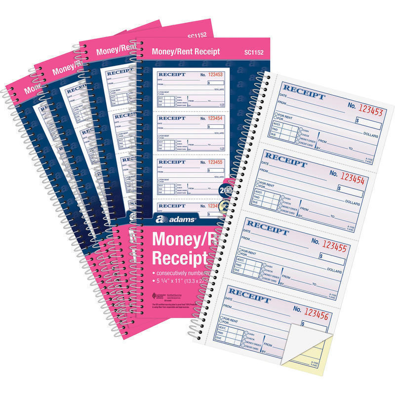 Adams Spiral 2-part Money/Rent Receipt Book - 200 Sheet(s) - Spiral Bound - 2 Part - 11in x 5.25in Form Size - White, Canary - Assorted Sheet(s) - 5 / Pack (Min Order Qty 2) MPN:SC1152PK