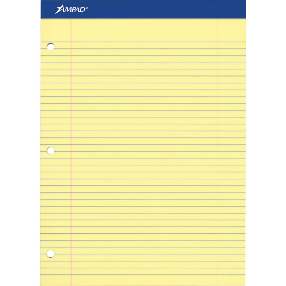 Ampad Perforated 3-Hole Punched Ruled Double Sheet Pad, Medium/College Rule, 100 Sheets, 8 1/2in x 11in, Canary Yellow (Min Order Qty 6) MPN:20223