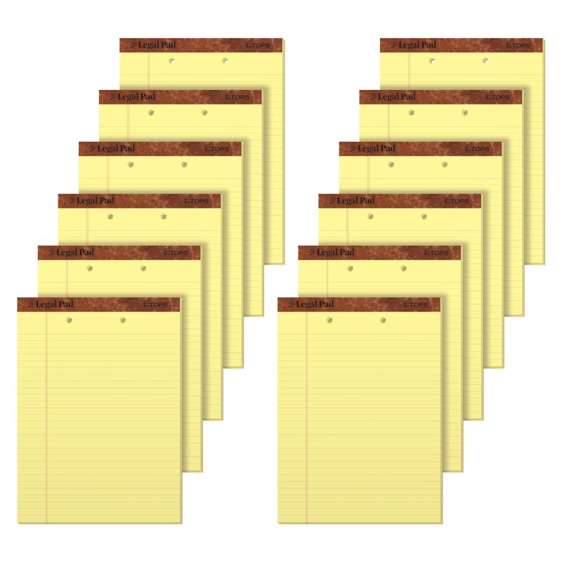 TOPS 2-Hole Punched Perforated Writing Pads, 8 1/2in x 11 3/4in, Legal Ruled, 50 Sheets, Canary, Pack Of 12 Pads (Min Order Qty 2) MPN:7531