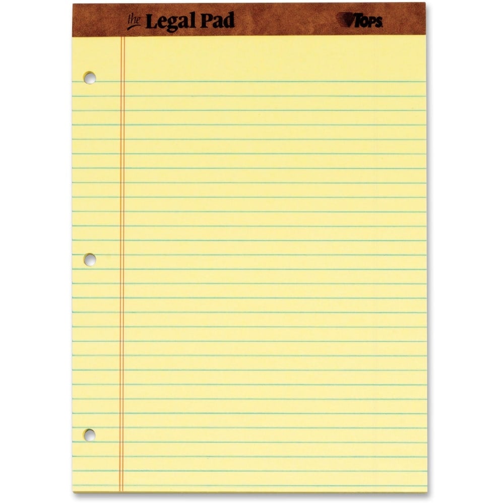 TOPS The Legal Pad Writing Pad - 50 Sheets - Double Stitched - 0.34in Ruled - 16 lb Basis Weight - 8 1/2in x 11 3/4in - Canary Paper - Perforated, Punched, Hard Cover - 1 Dozen (Min Order Qty 2) MPN:TOP75351