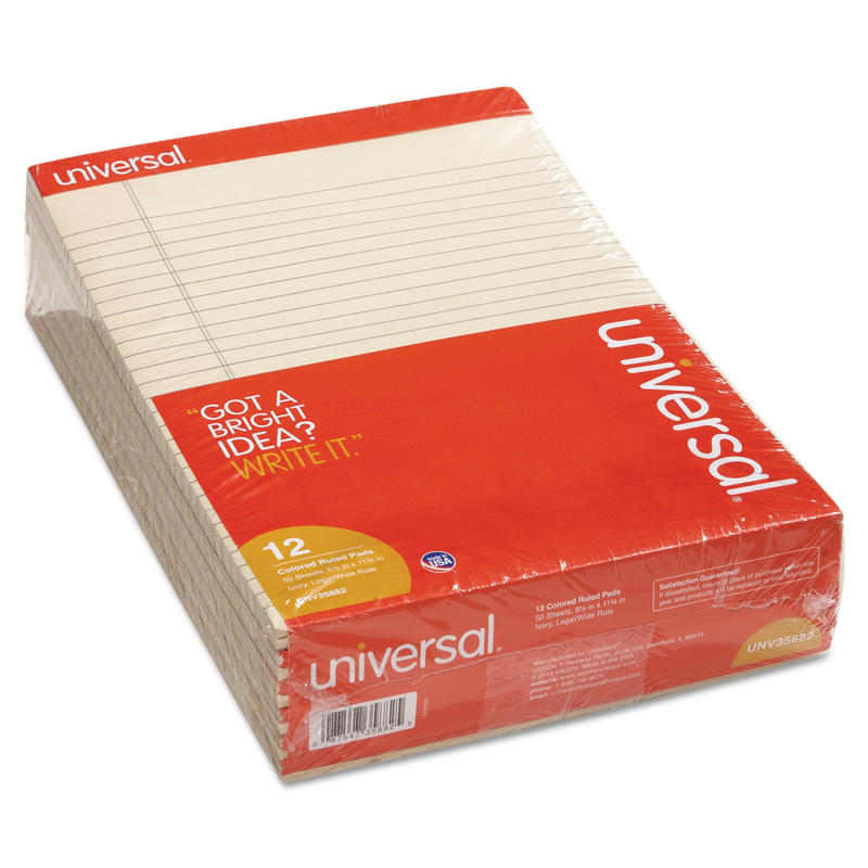 Universal Color Perforated Notepads, 8 1/2in x 11in, Legal Ruled, 100 Pages (50 Sheets), Ivory, Pack Of 12 (Min Order Qty 2) MPN:35882