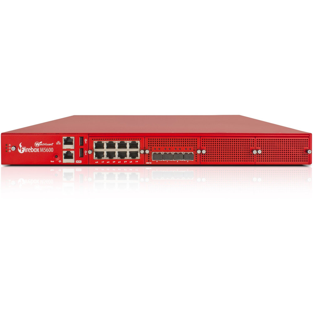 Trade up to WatchGuard Firebox M5600 with 1-yr Basic Security Suite - 8 Port - 10GBase-X 10 Gigabit Ethernet; 1000Base-T - RSA; AES (256-bit); DES; SHA-2; AES (192-bit); AES (128-bit); 3DES - 8 x RJ-45 - 6 - SFP+ - 4 x SFP+ - Rack-mountable MPN:WG561061