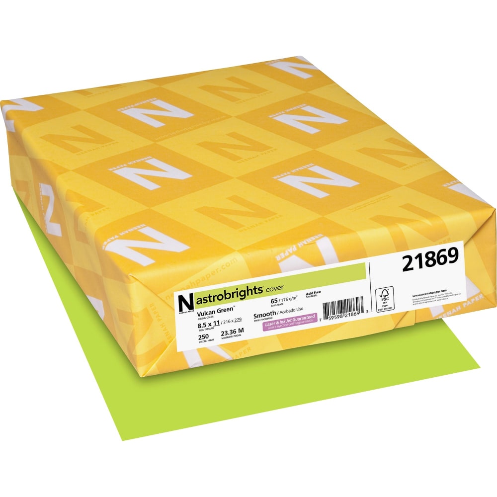 Wausau Astrobrights Multi-Use Card Stock, Green, Letter (8.5in x 11in), 65 Lb, Pack Of 250 (Min Order Qty 4) MPN:21869