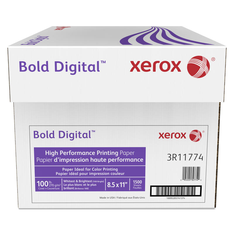 Xerox Bold Digital Printing Paper, 6 Reams, Letter Size (8 1/2in x 11in), 100 (U.S.) Brightness, 100 Lb Cover (270 gsm), FSC Certified, 250 Sheets Per Ream MPN:3R11774